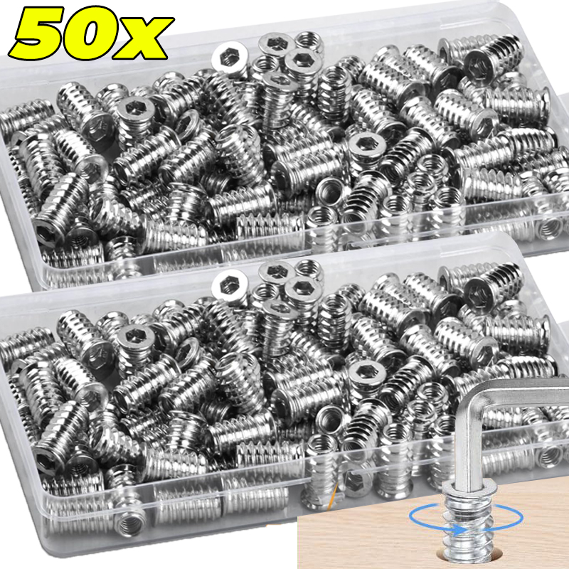 Furniture Hardware Threaded Inserts - 10/50x Gewindeeinsätze, Holzeinsatzmuttern, Kohlenstoffstahl-Holzbearbeitungsmuttern, Einsätze für